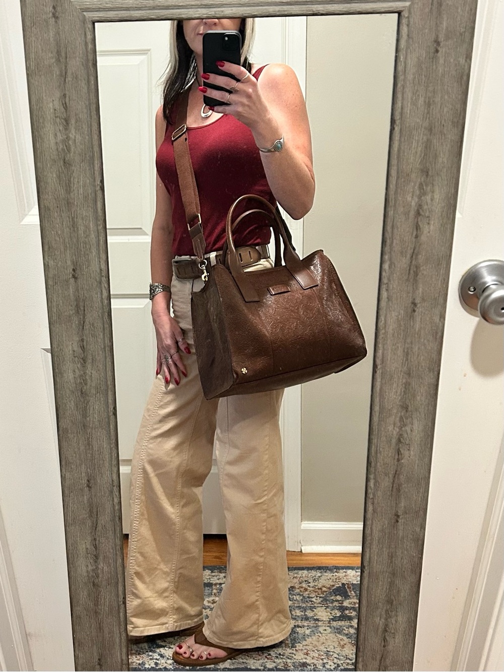🍀EUC Lucky Brand Brown Floral Embossed Tote Carryall Shoulder Crossbody Bag - Picture 4 of 16
